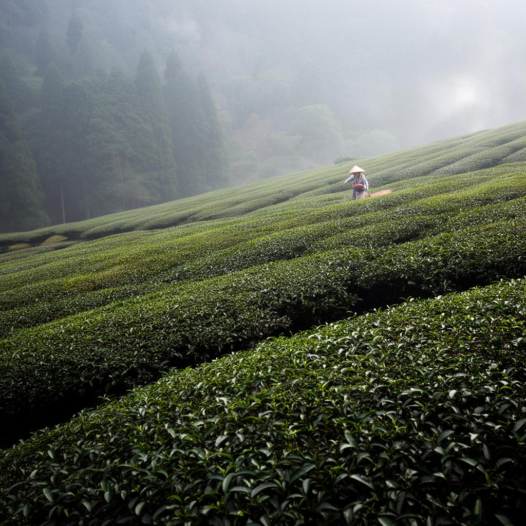 A Japanese green tea plantation on terraced hills in morning mist